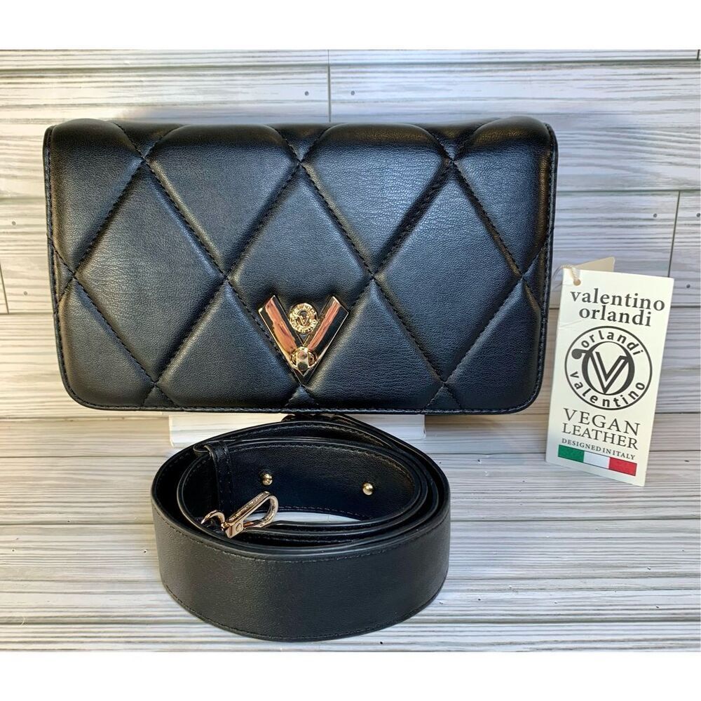 Valentino Orlandi Black quilted Vegan Leather Handbag w/ Guitar Crossbody Strap